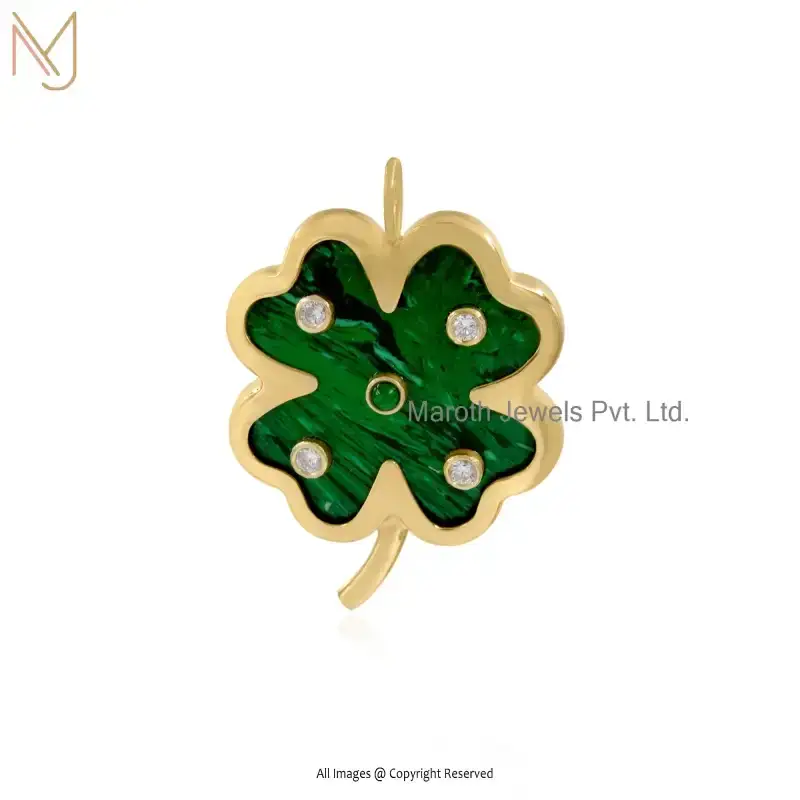 14K Yellow Gold Moonstone & Blue Topaz And Malachite Leaf Clover Flower Pendant USA