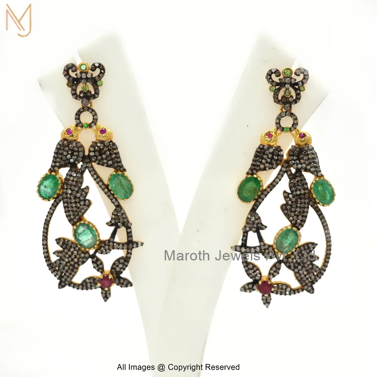 14K Yellow Gold Pave Diamond , Emerald , Ruby Handmade Gemstone Drop Dangle Earring USA