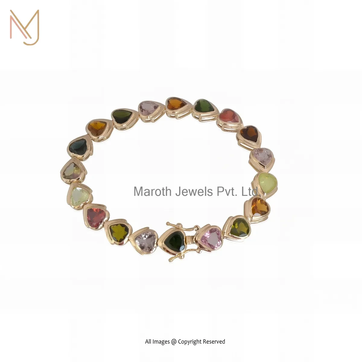 Private Lable 925 Silver Yellow Gold Plated Multi Tourmaline Heart Bracelet
