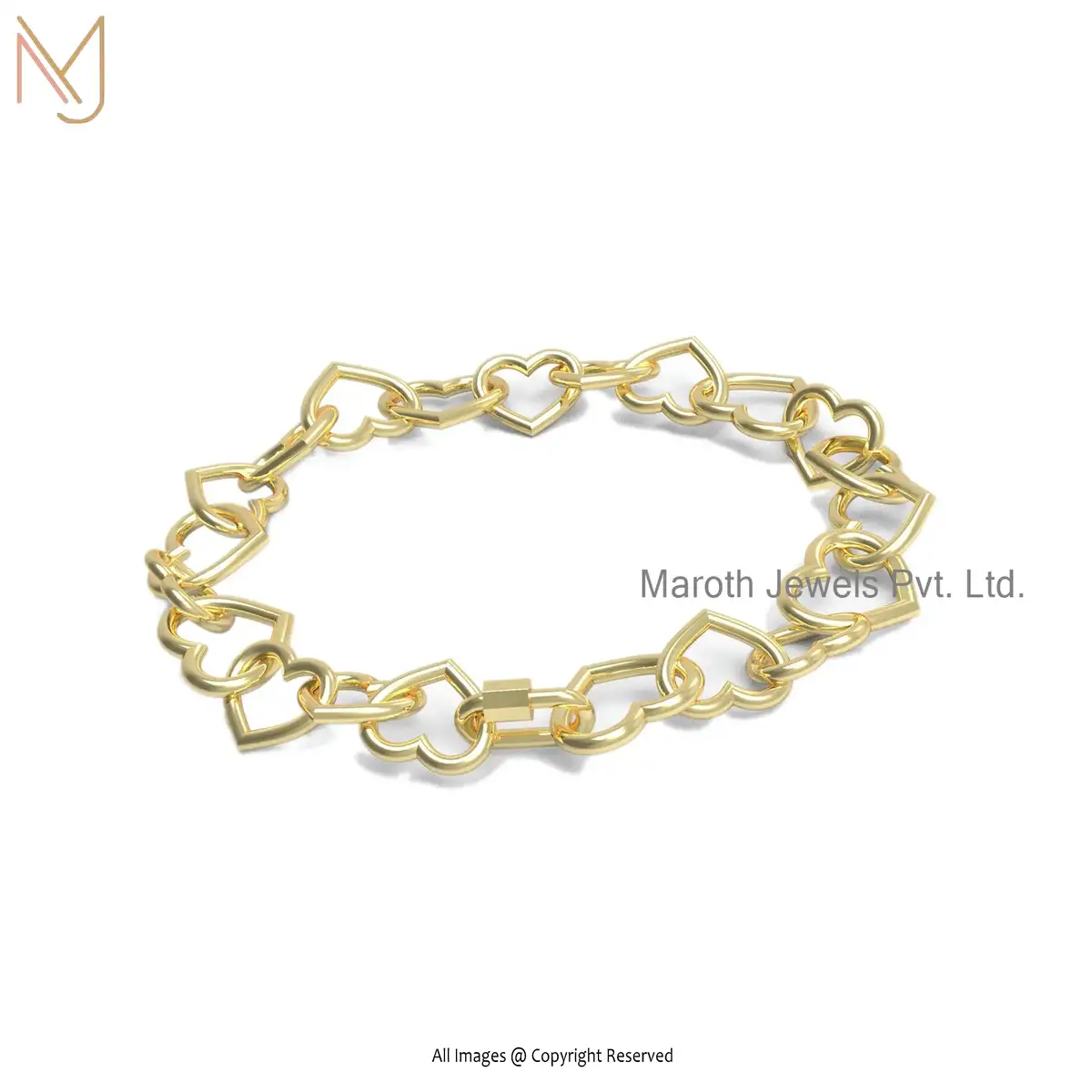 Private Label 14K Yellow Gold Heart And Carabiner Lock Bracelet Jewelry