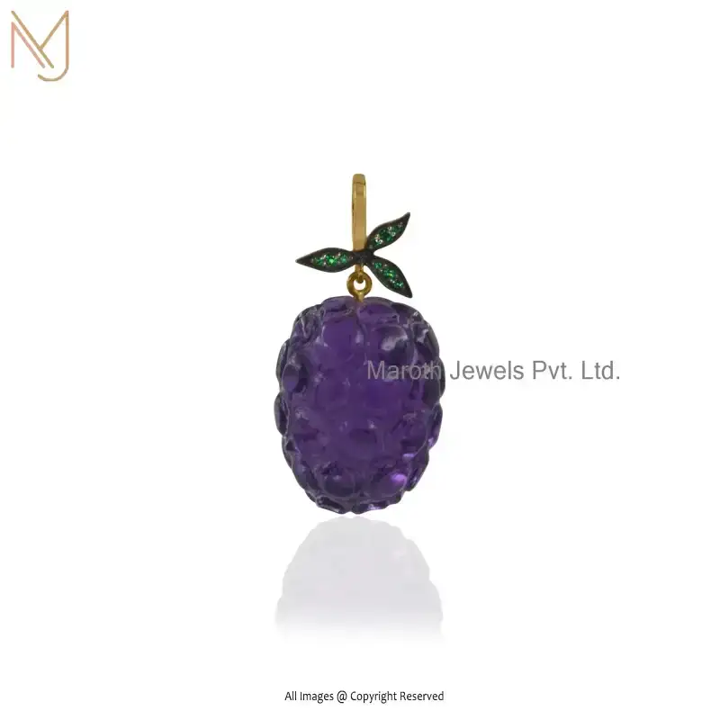 14K Yellow Gold Amethyst And Green CZ Strawberry Pendant Manufacturer
