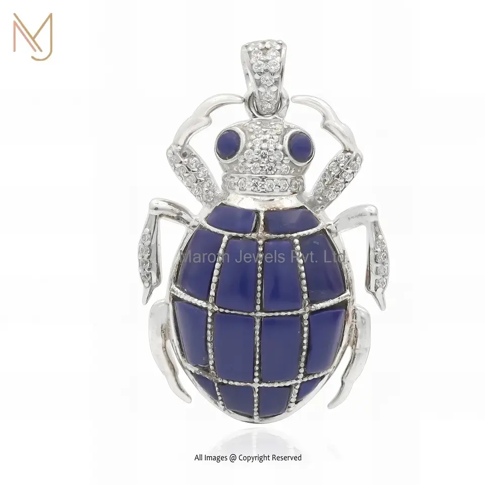 925 Silver Yellow Gold Plated Cubic Zircon & Lapiz Lazuli Gemstone Scarab Charm Pendant USA