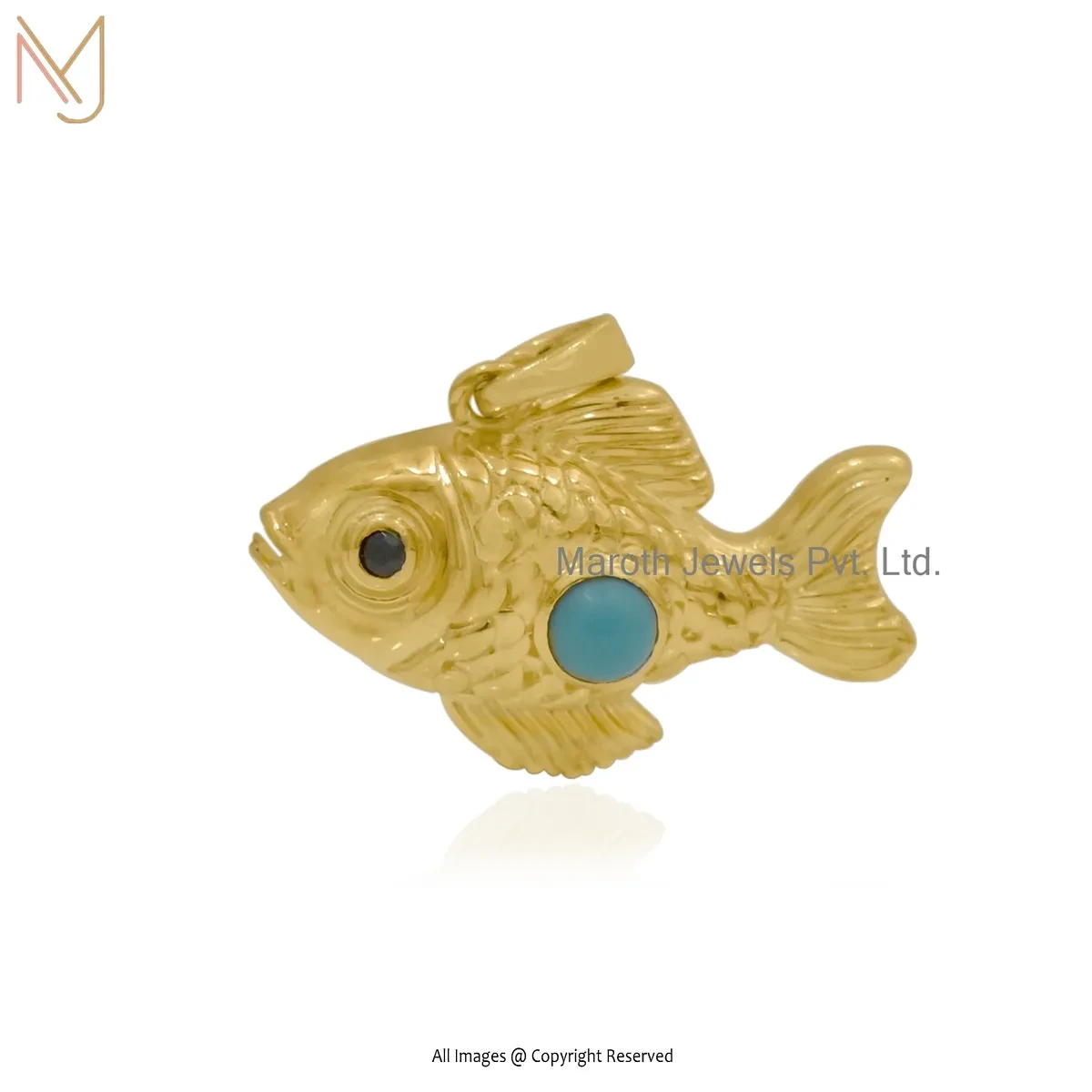 14K Yellow Gold Black Spinel & Turquoise Fish Pendant Manufacturer