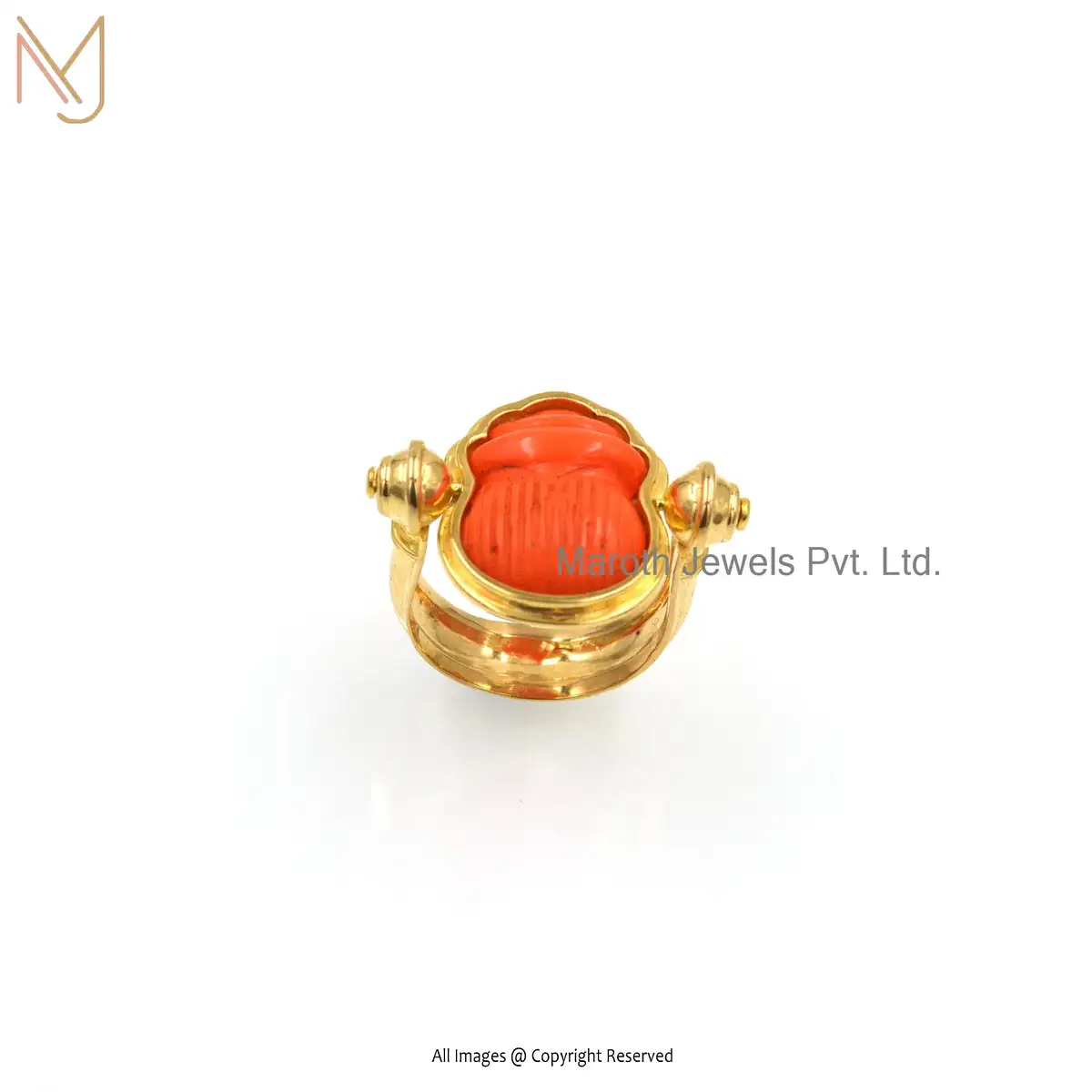 925 Silver Yellow Gold Plated Orange Coral Ring Custom Jewelry