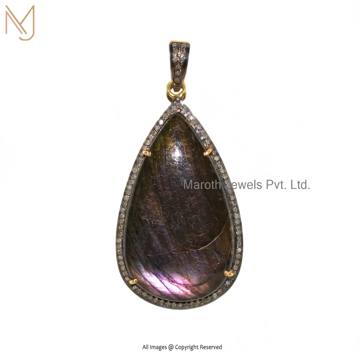 Private Lable 925 Silver Rhodium Yellow Gold Plated Diamond And Labradorite Gemstone Pear Design Pendant Jewelry