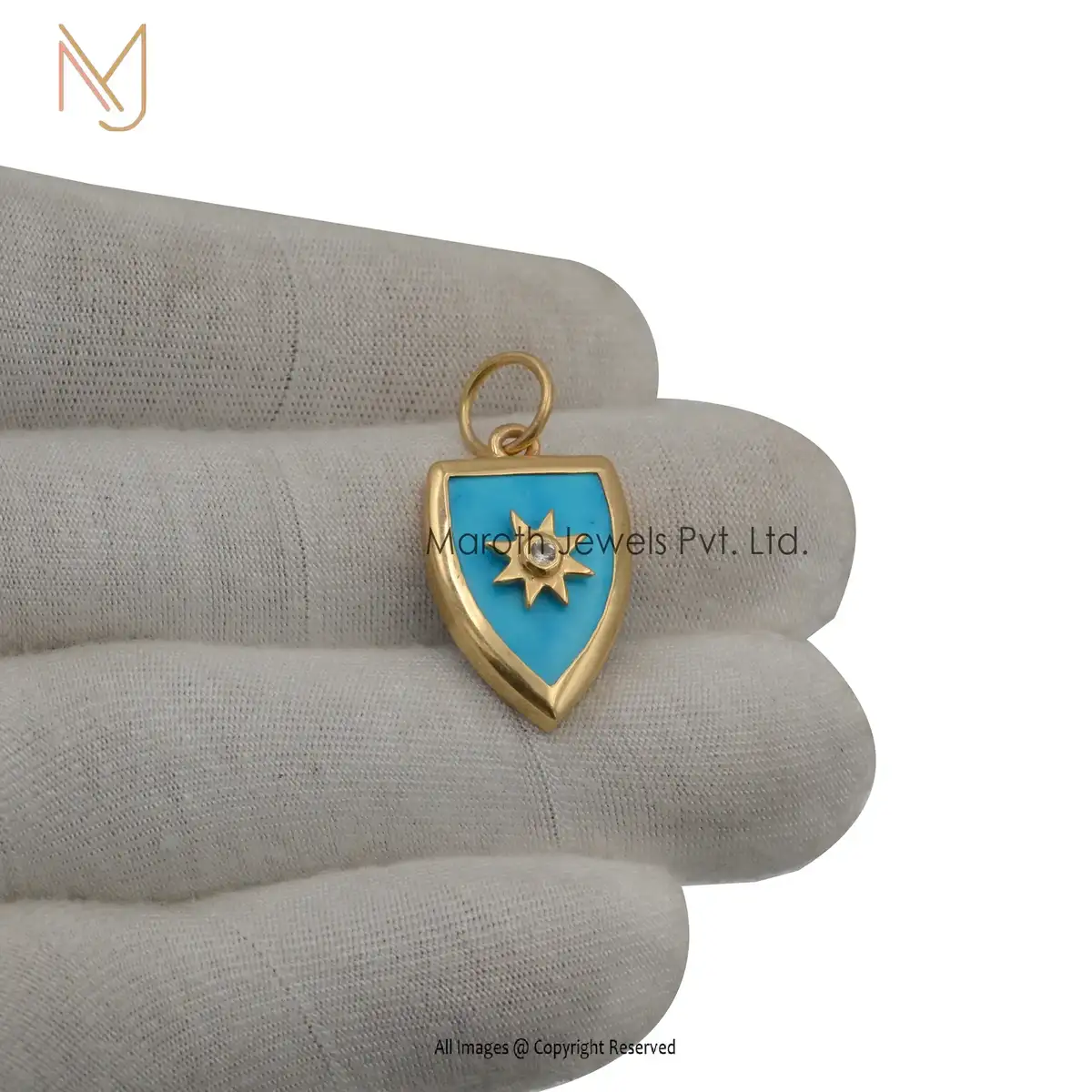 14K Yellow Gold Turquoise & White Topaz Shield Pendant Jewelry Supplier