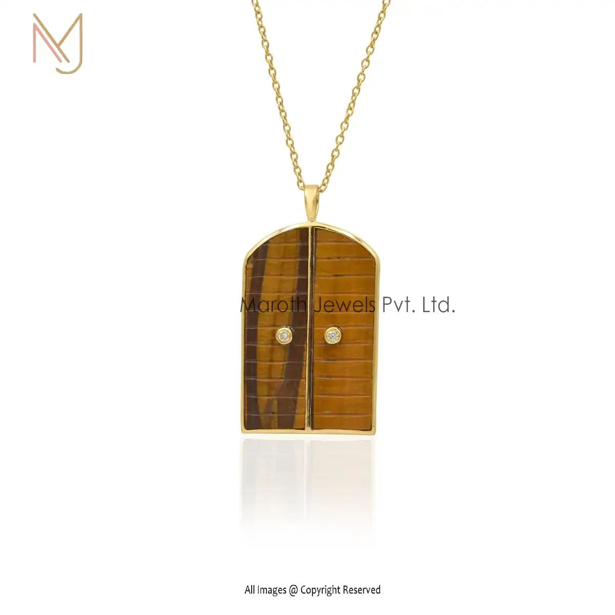 Wholesale 14K Yellow Gold Tiger Eye & Diamond Door Pendant Jewelry