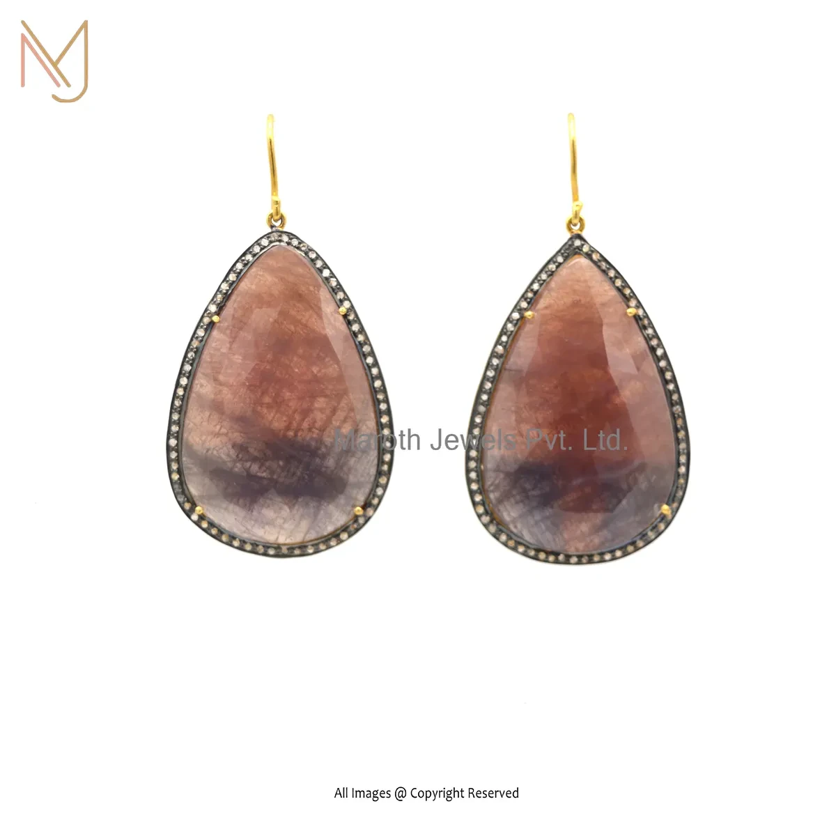 Wholesale 925 Silver Rhodium Yellow Gold Plated Pave Diamond Rutile Quartz Gemstone Drop Earring