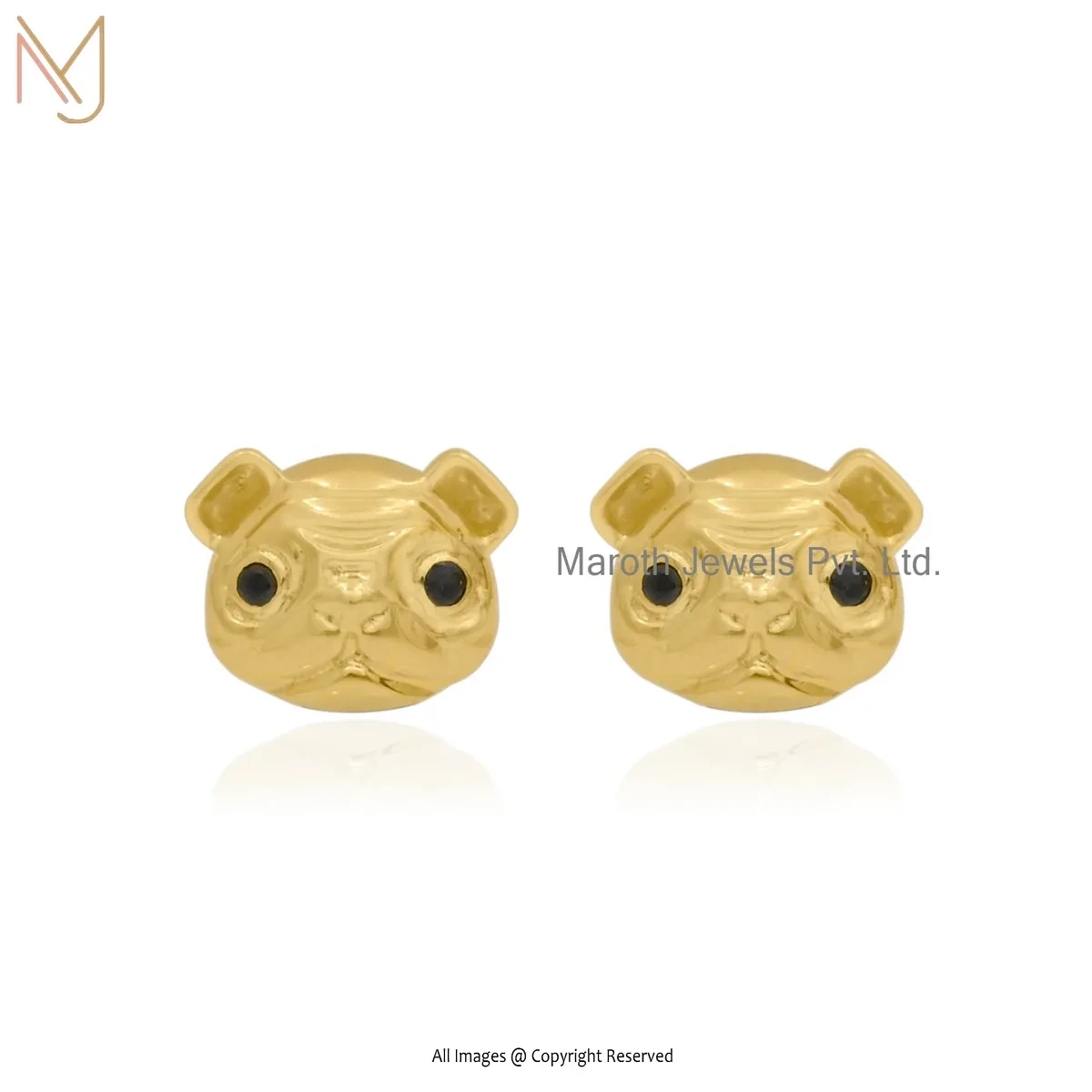 Wholesale 14K Yellow Gold Black Cubic Zircon Gold Pug Face Stud Earring