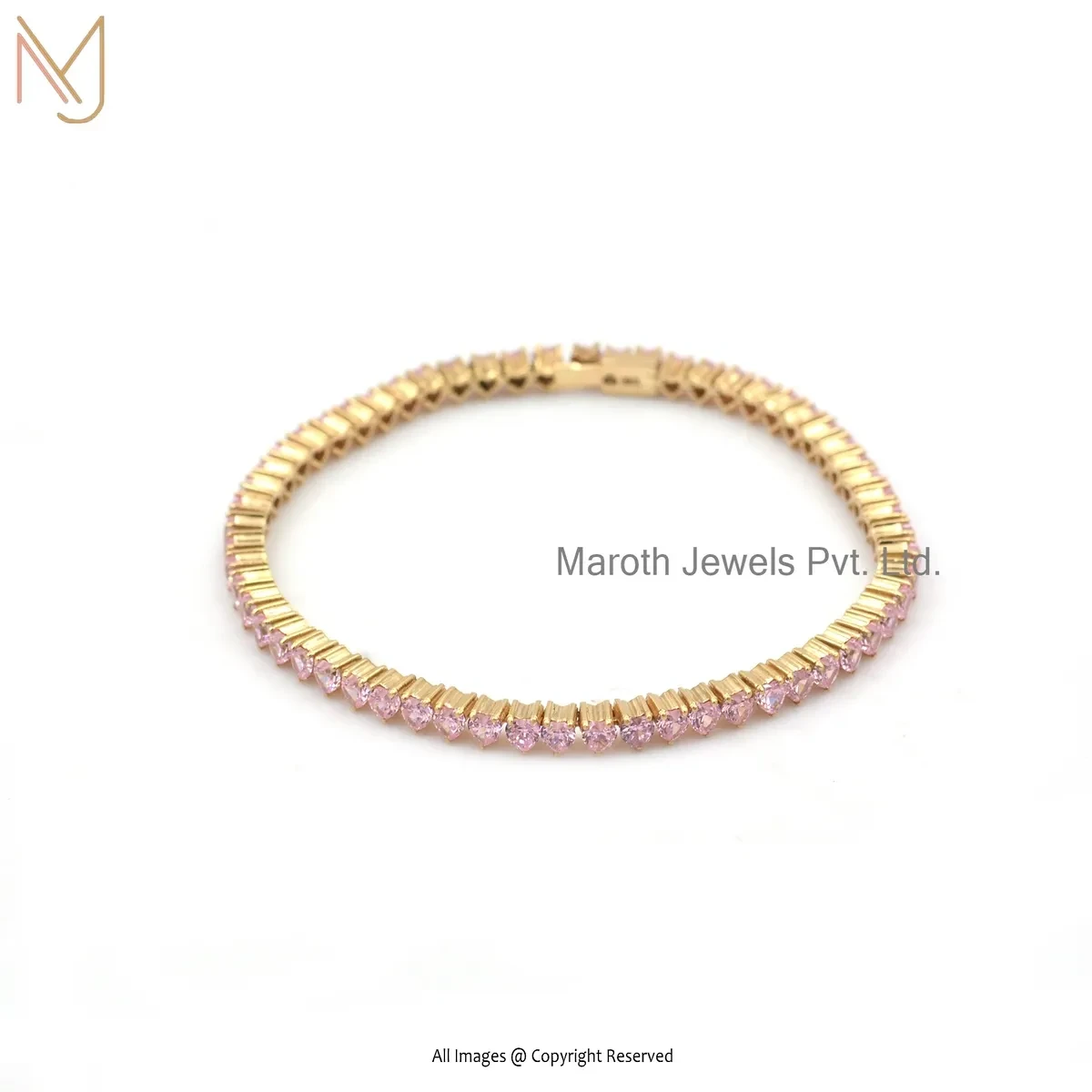 Private Lable 925 Silver Yellow Gold Plated Pink Sapphire Heart Tennis Bracelet