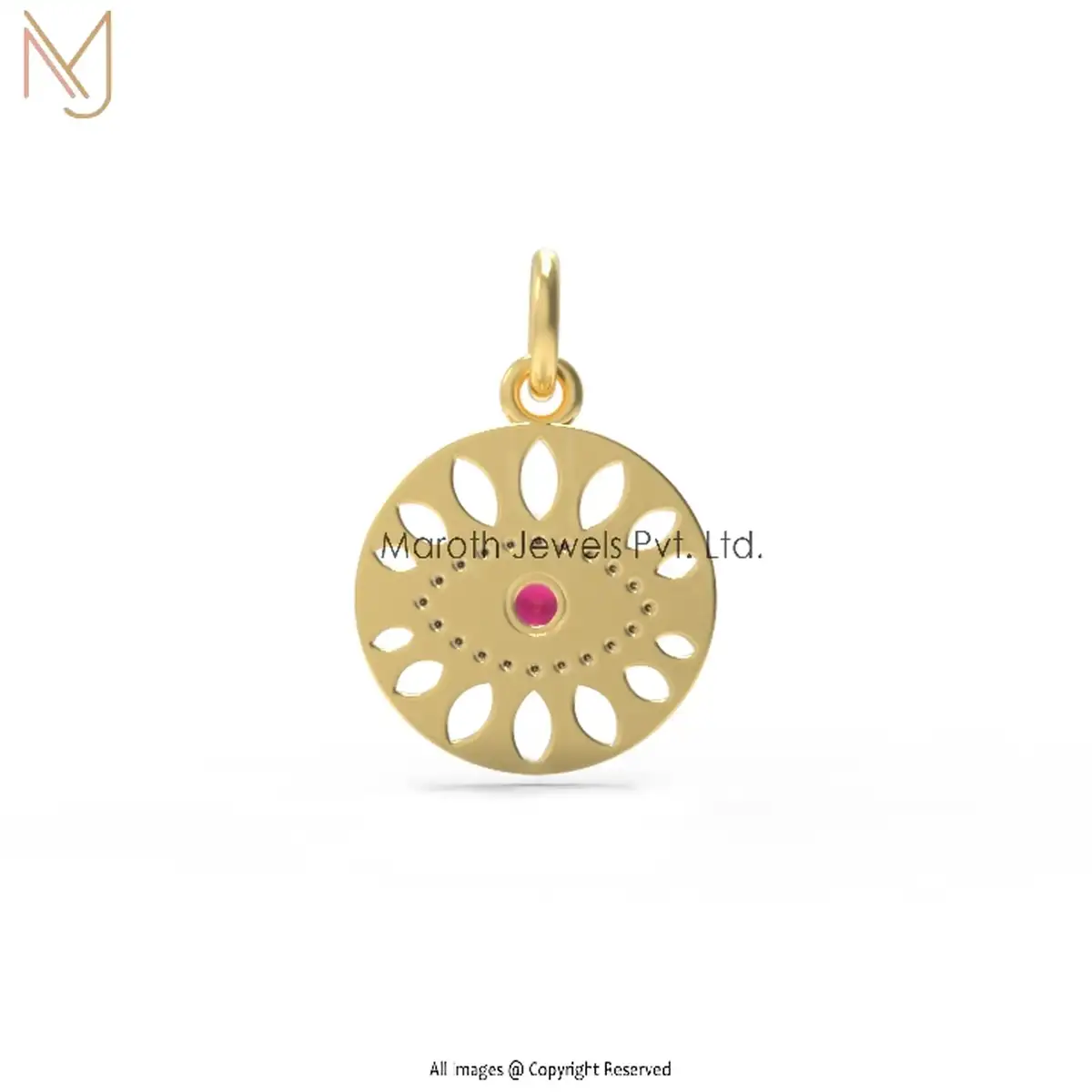 925 Silver Yellow Gold Pave Diamond & Ruby Evil Eye Round Disc Pendant Jewelry USA
