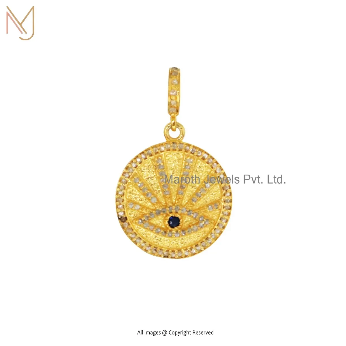 Private Lable 14K Yellow Gold Pave Diamond Evil Eye Sunbeam Medallion Pendant
