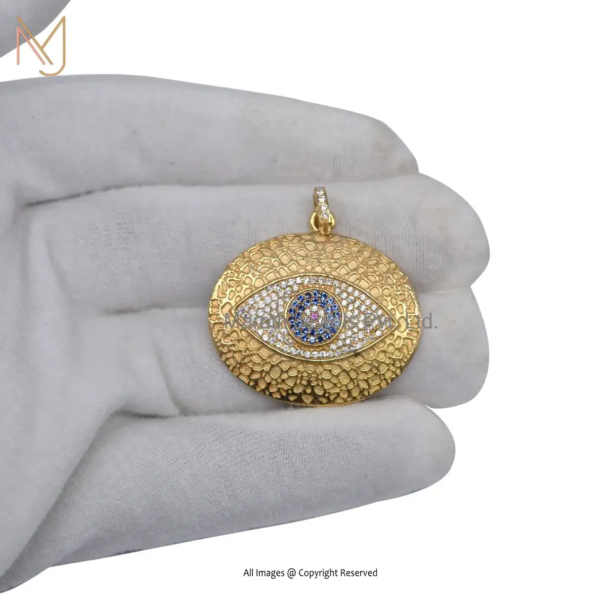 14K Yellow Gold Cubic Zircon And Blue  & Pink Sapphire Evil Eye Pendant USA