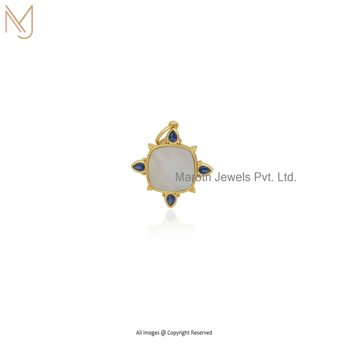 Private Lable 14K Yellow Gold Blue Cubic Zircon & Mother Of Pearl Square Pendant