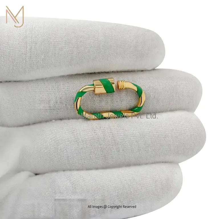 14K Yellow Gold Green Enamel Carabiner Lock Custom Jewelry