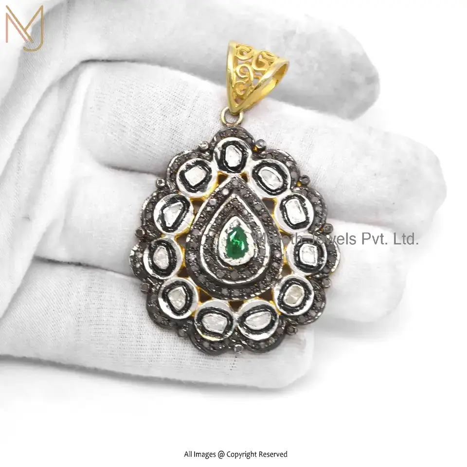 925 Silver Yellow Gold & Rhodium Plated Diamond Victorian Roce Cut Diamond Polki Emerald Gemstone Pendant USA