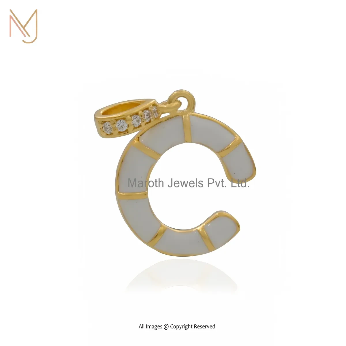 14K Yellow Gold Cubic Zircon & White Enamel Initial Letter Pendant Manufacturer