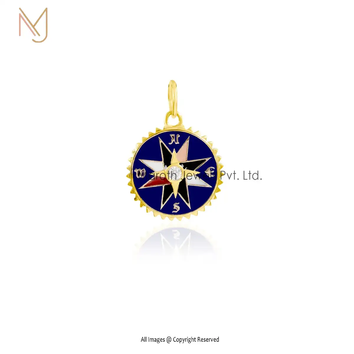 925 Silver Yellow Gold & Moissanite Diamond Blue Enamel Multi Compass Pendant Custom Jewelry