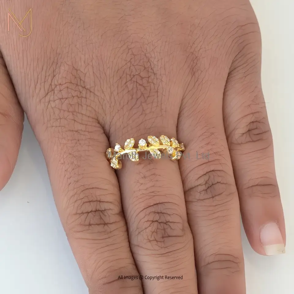 14K Yellow Gold White CZ Olive Leaf Ring Manufacturer