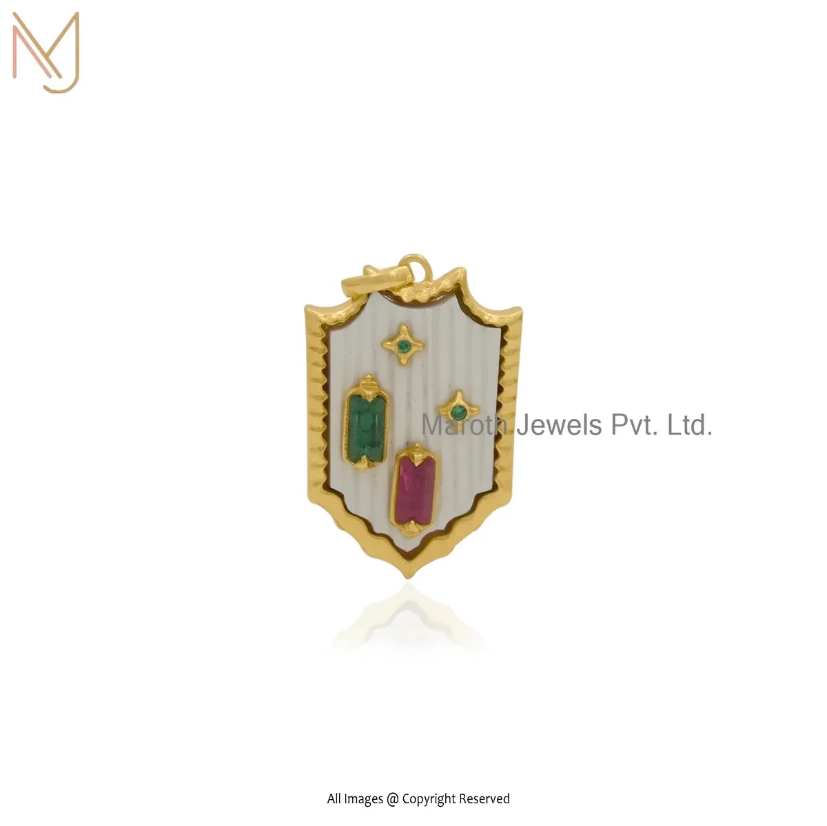 Private Lable 925 Silver Yellow Gold Plated Blue Chalcedony & Cubic Zircon Shield Pendant