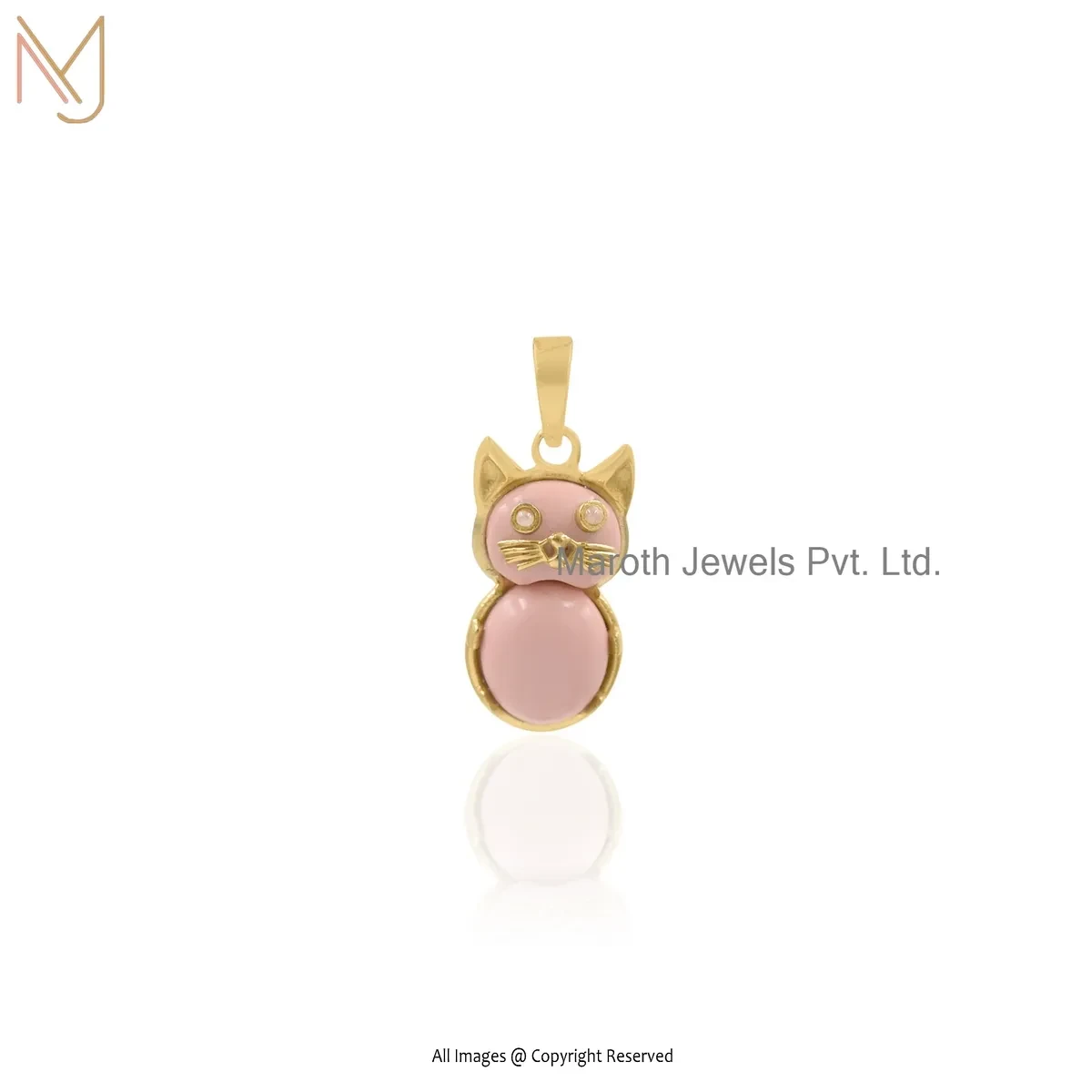 925 Silver Yellow Gold Plated Pink Opal Gemstone Cat Pendant Custom Jewelry