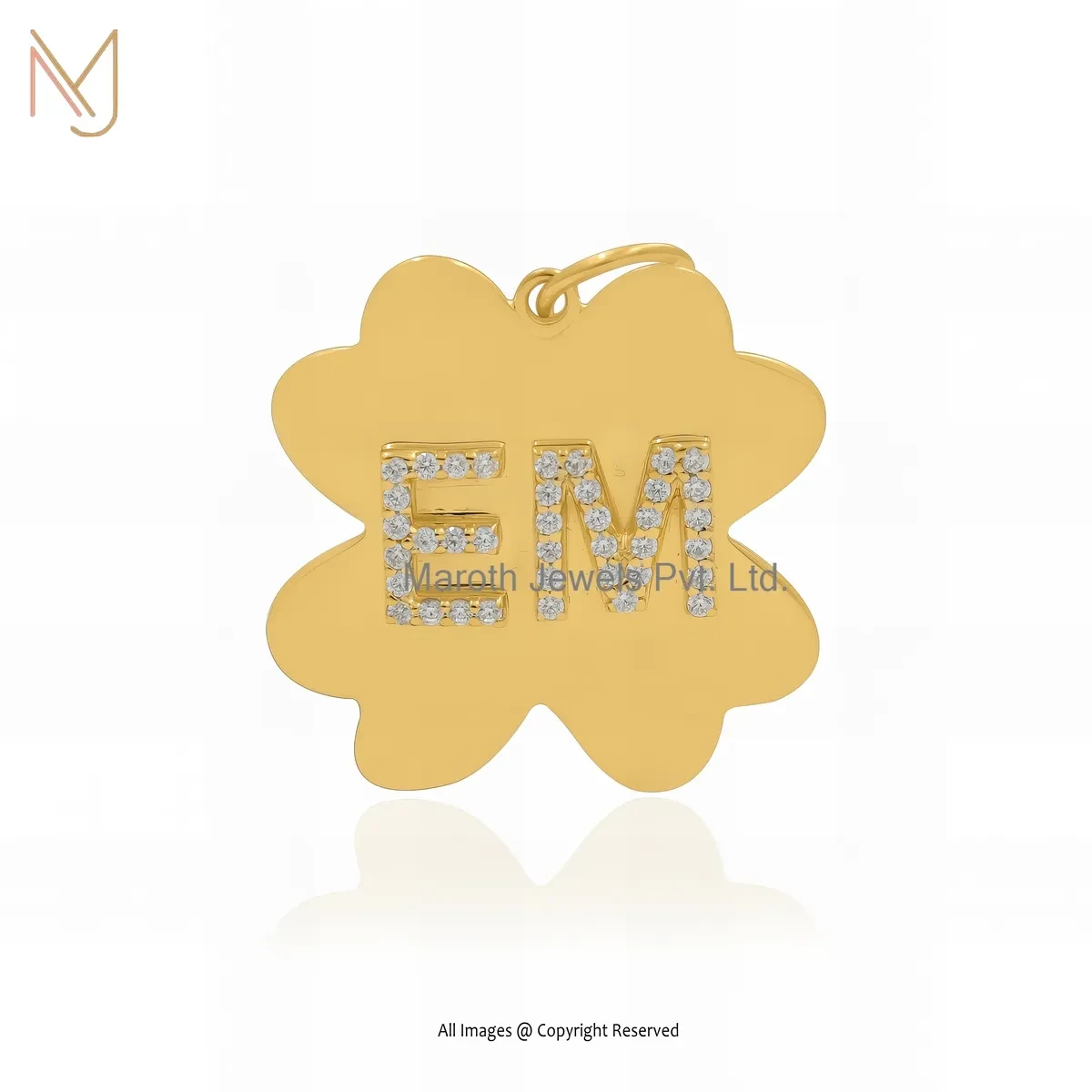Private Lable 14K Yellow Gold Cubic Zircon Flower EM Letter Initial Pendant