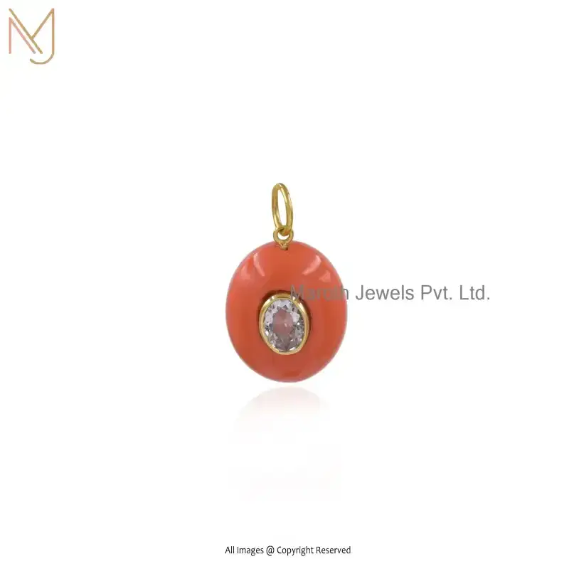 925 Silver Yellow Gold Coral & White Cubic Zircon Oval Coconut Pendant Manufacturer