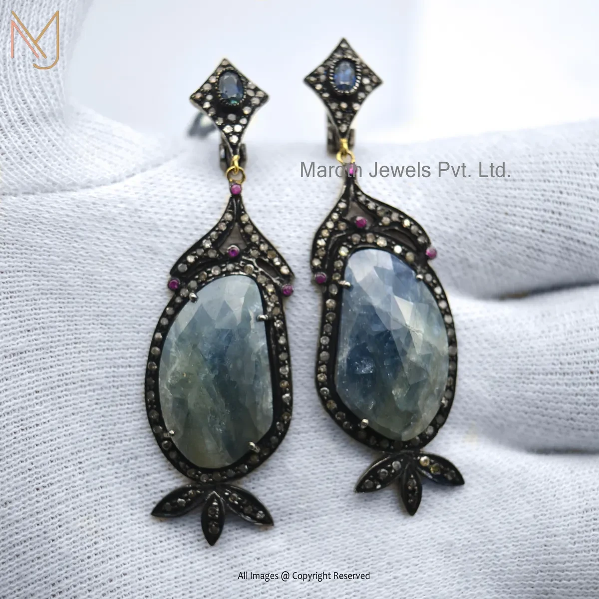 925 Silver Rhodium Plated Pave Diamond , Ruby , Blue Sapphire Gemstone Dangle Earring USA