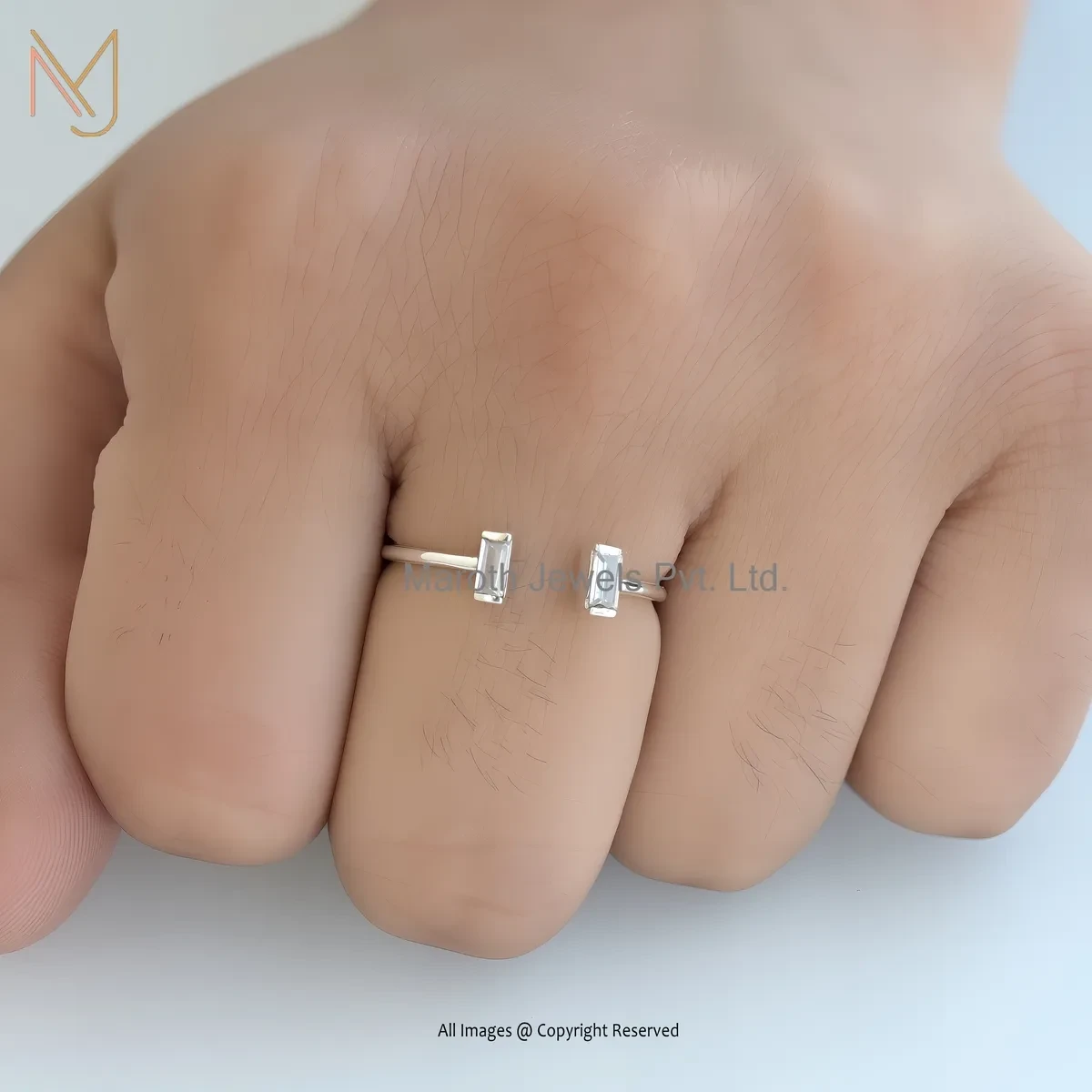 14K Yellow Gold White Cubic Zircon Diamond Cuff Baguette Open Ring USA