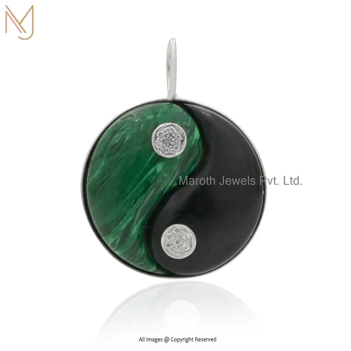 14K White Gold Black Onyx & Malachite And Cubic Zircon Yin Yang Pendant USA