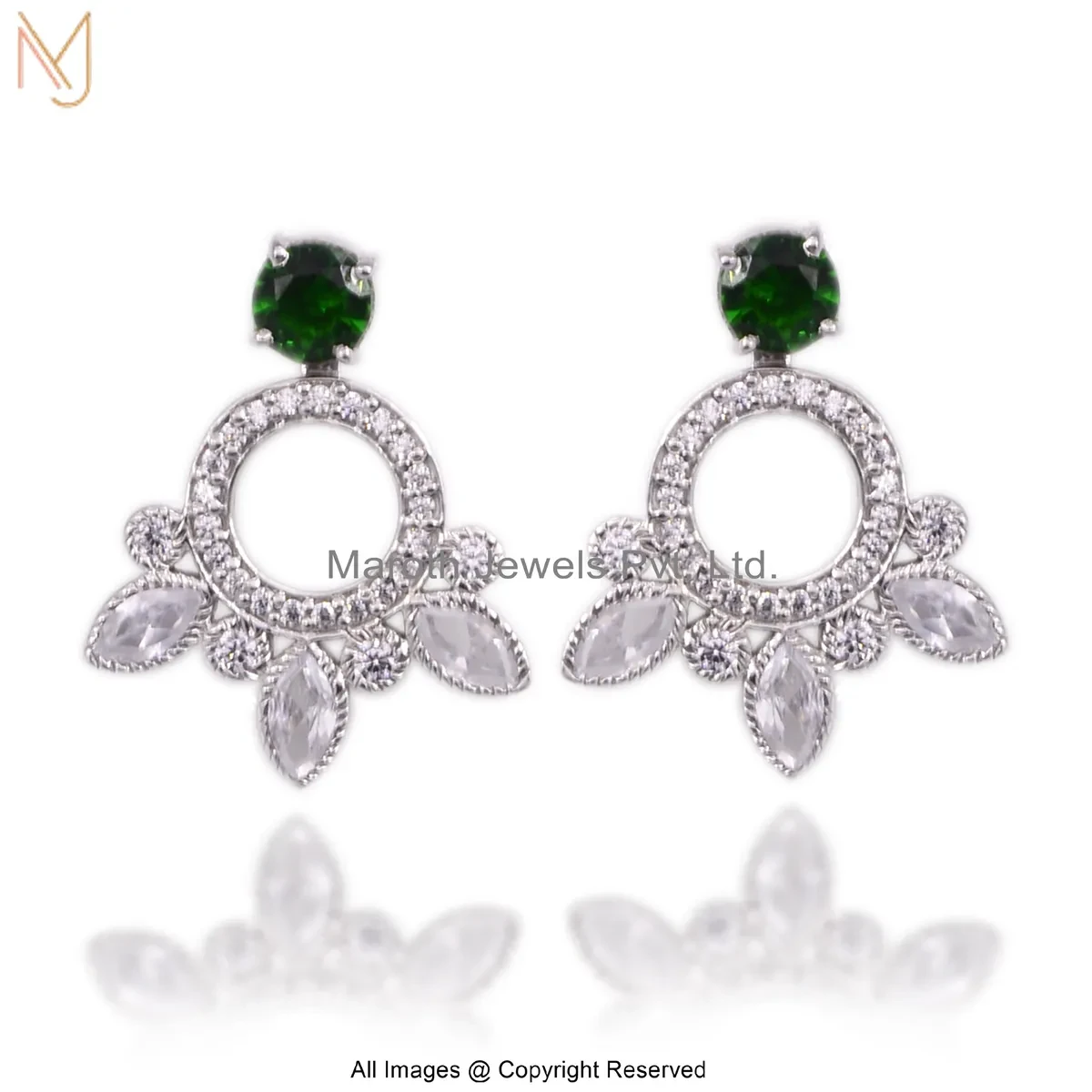 Private Lable 14K White Gold Emerald Diamond Floral Leaf Shaped Drop Stud Earring