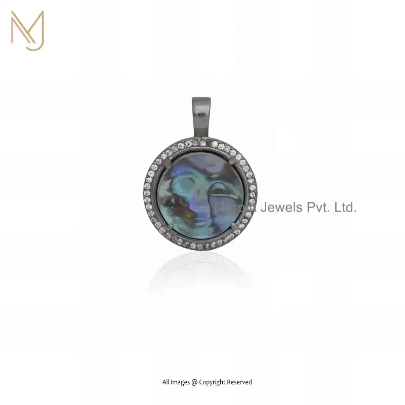 Private Lable 925 Sterling Silver Yellow Gold Plated Aqamarine & Cubic Zircon Gemstone Moonface Pendant