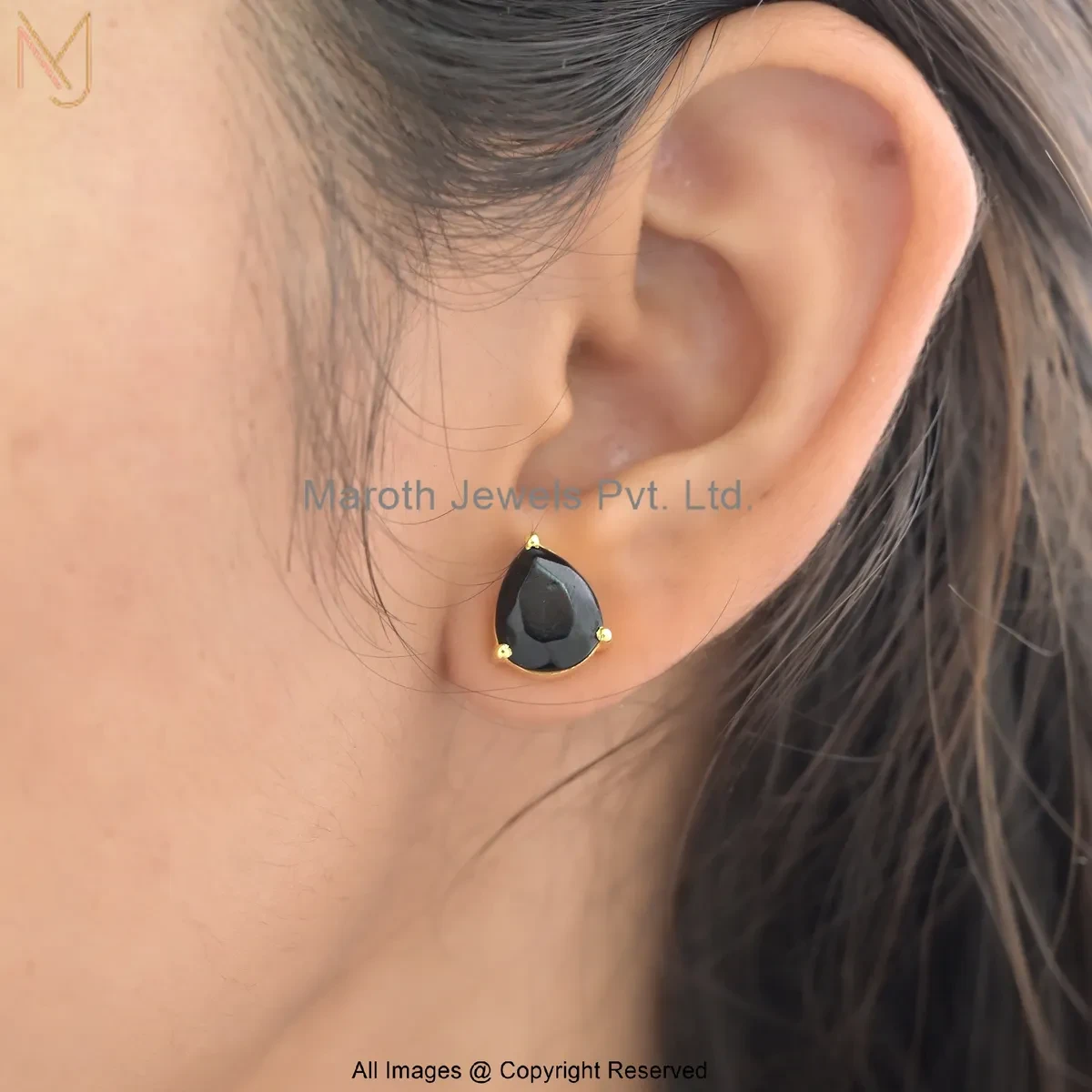 925 Silver Yellow Gold Plated Black Onyx Gemstone Pear-Shape Stud Earrings Custom Jewelry