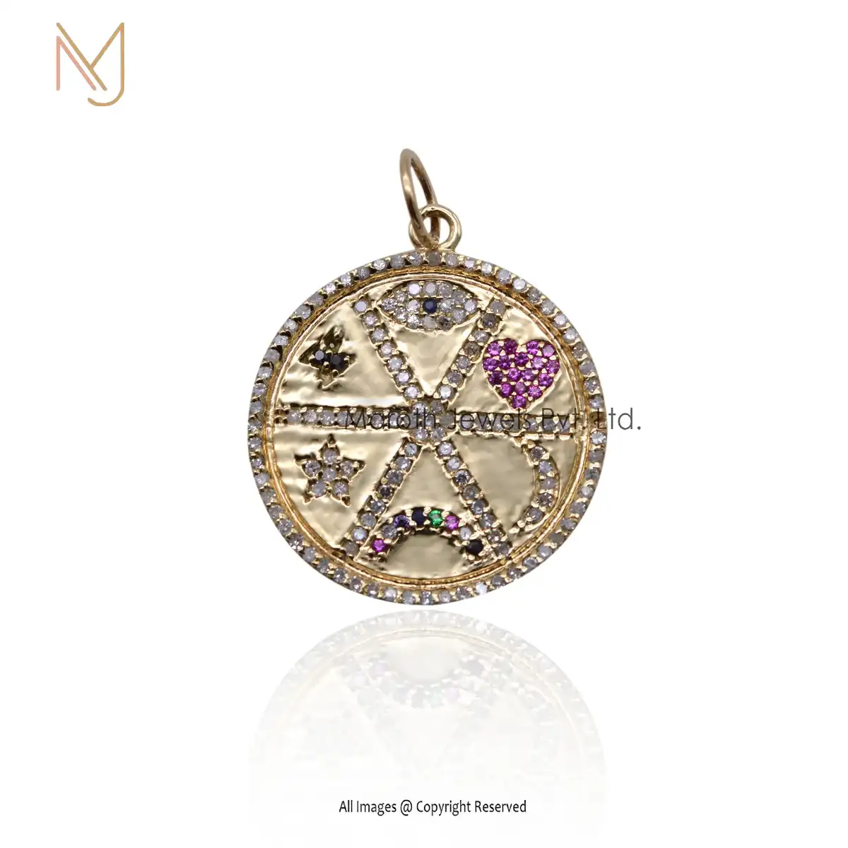 14K Solid Yellow Gold Pave Diamond And Multi Gemstone Pendant Manufacturer