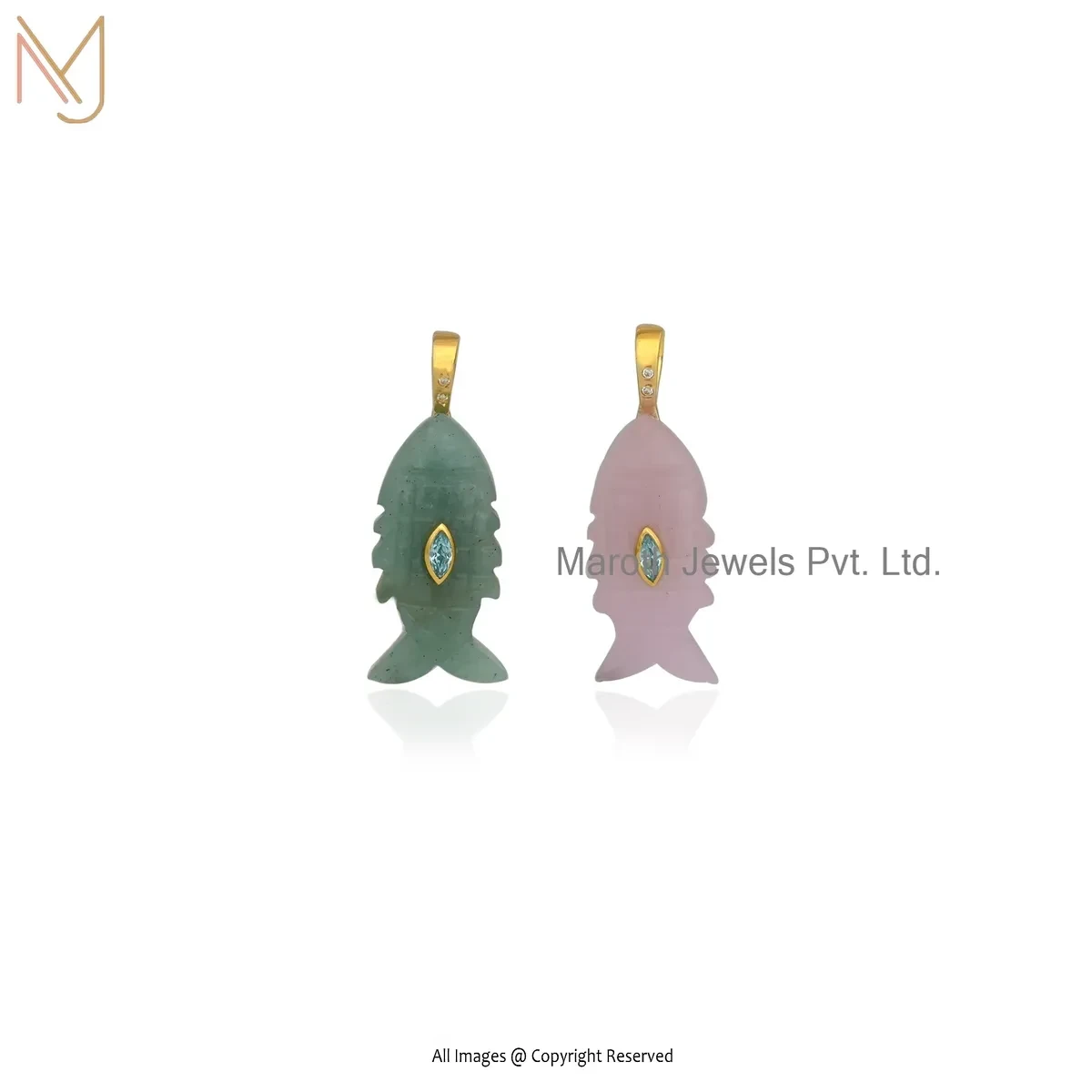 Private Lable 925 Silver Yellow Gold Plated Cubic Zircon & Lapiz Lazuli Gemstone Fish Pendant