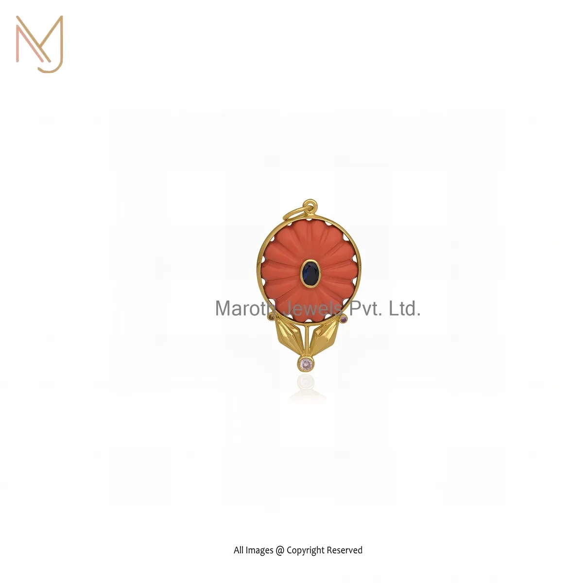 Wholesale 925 Silver Yellow Gold Plated Cubic Zircon & Orange Coral Gemstone Flower Pendant