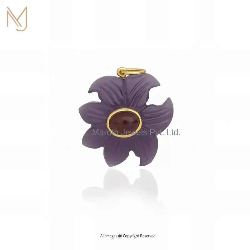 925 Silver Yellow Gold Plated Amethyst & Garnet Gemstone Flower Pendant Custom Jewelry