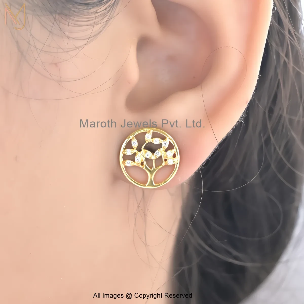 925 Silver Yellow Gold Plated Cubic Zircon Diamond Tree Of Life Stud Earring Custom Jewelry