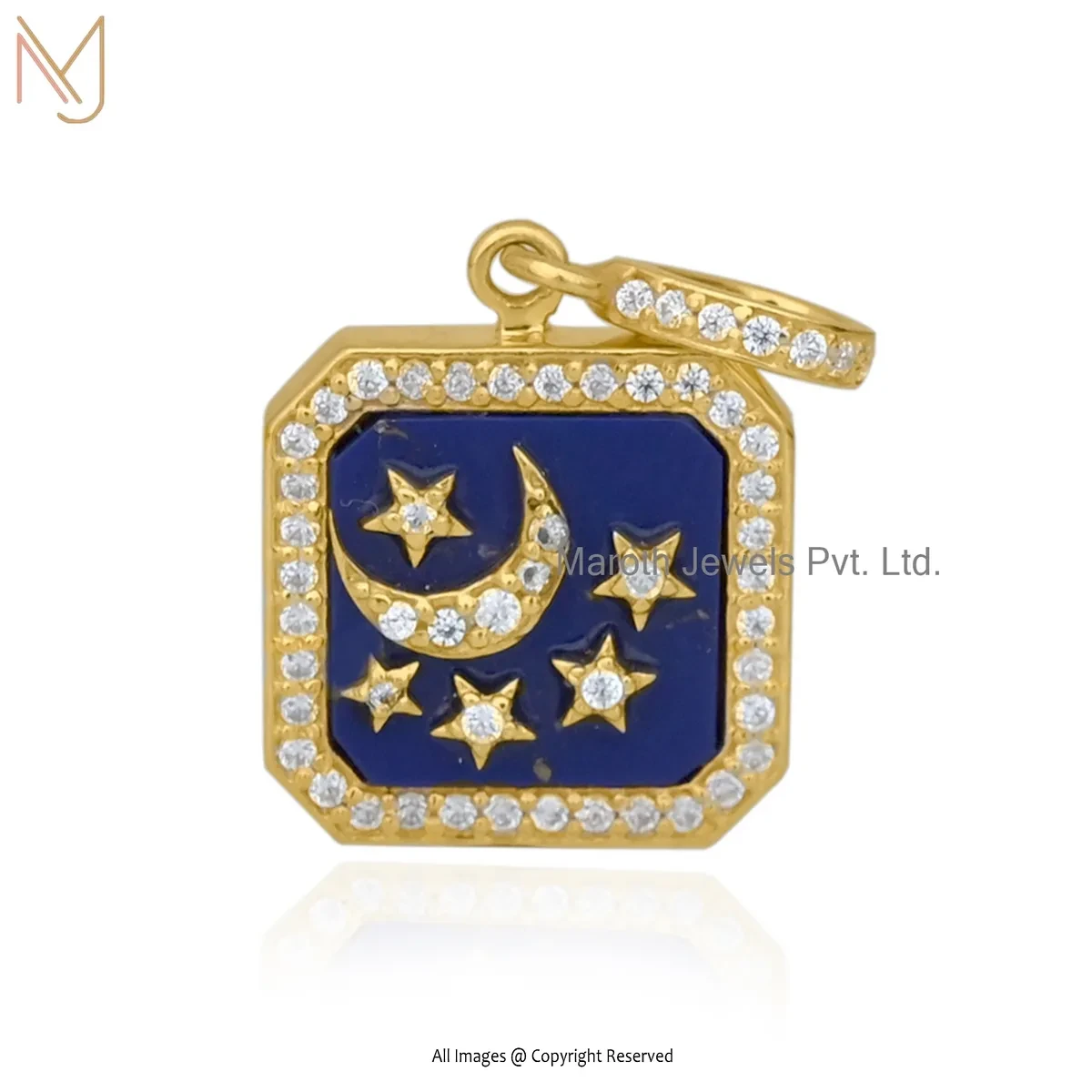 Wholesale 14K Yellow Gold Lapiz Lazuli & CZ Square Star Moon Pendant