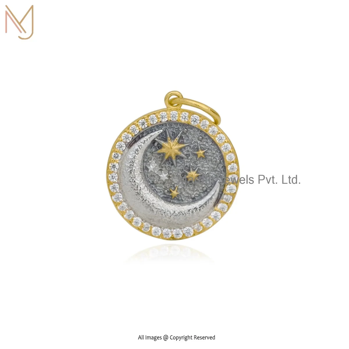 Private Lable 925 Silver Yellow Gold Plated Black Rhodium And Natural Silver & Cubic Zircon Star Moon Pendant
