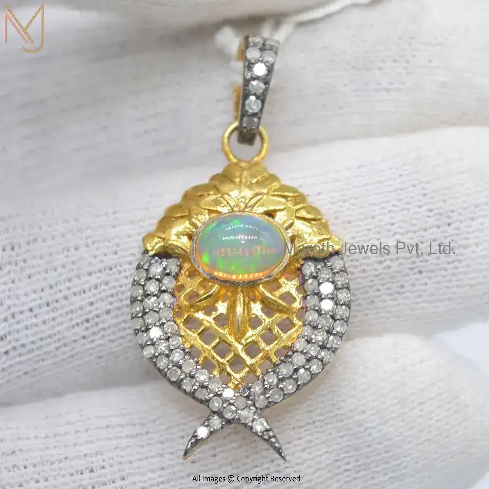 Private Lable 925 Sterling Silver Rhodium Yellow Gold Plated Diamond Opal Gemstone Fish Shape Pendant Jewelry