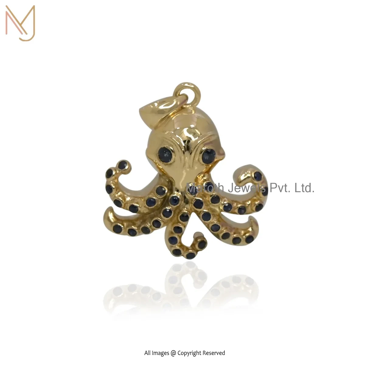 14K Yellow Gold Blue Sapphire Gemstone Octopus Charm Pendant Custom Jewelry